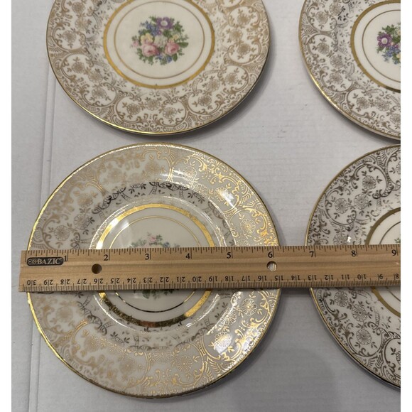 Royal China Inc Plate Warranted 22K Colonial Gold set (4) Bread 7.25” 6” Vintage - Picture 3 of 5